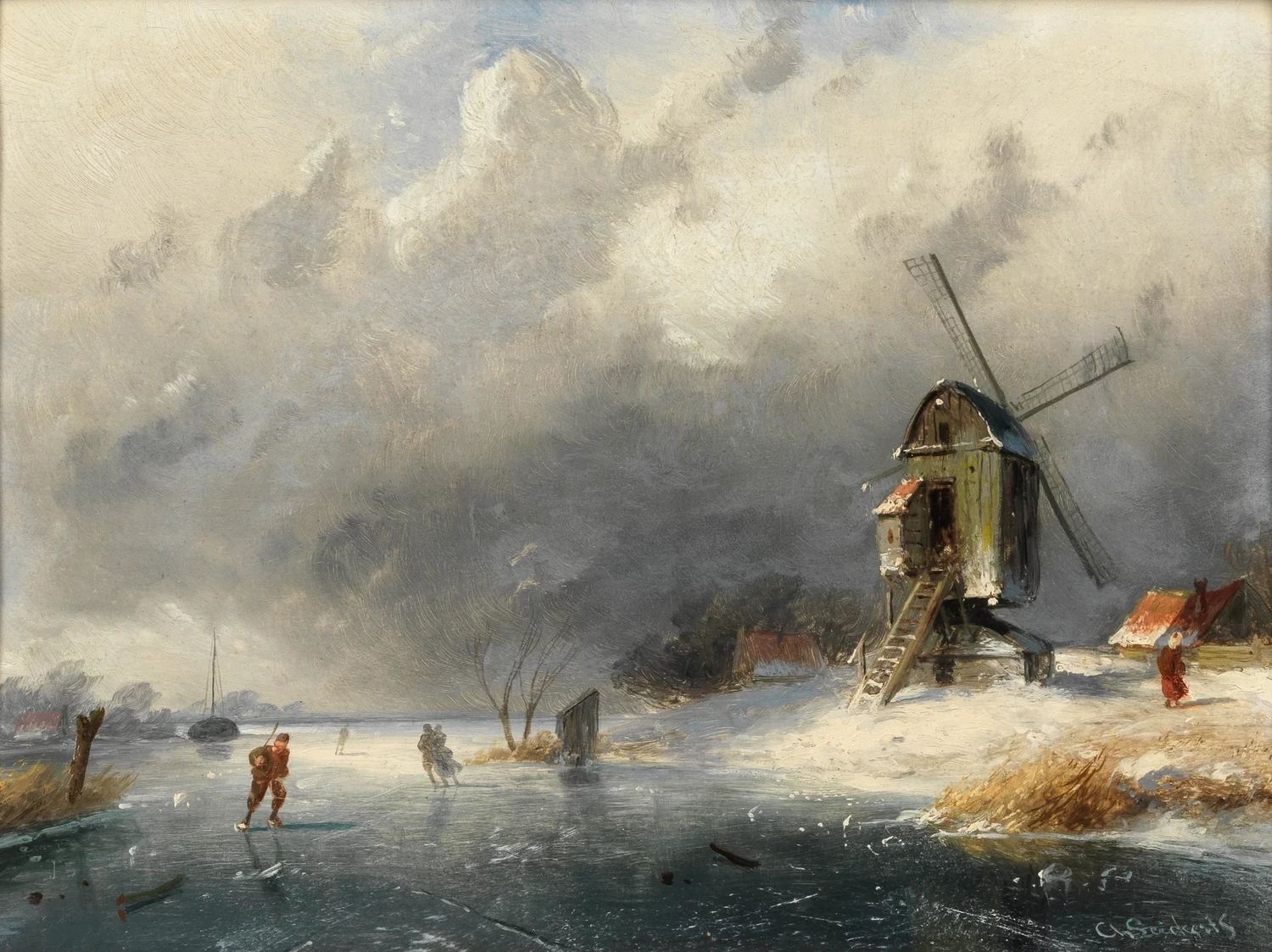 Charles Leickert - Scena di fiume ghiacciato con pattinaggio artistico e mulino a vento
